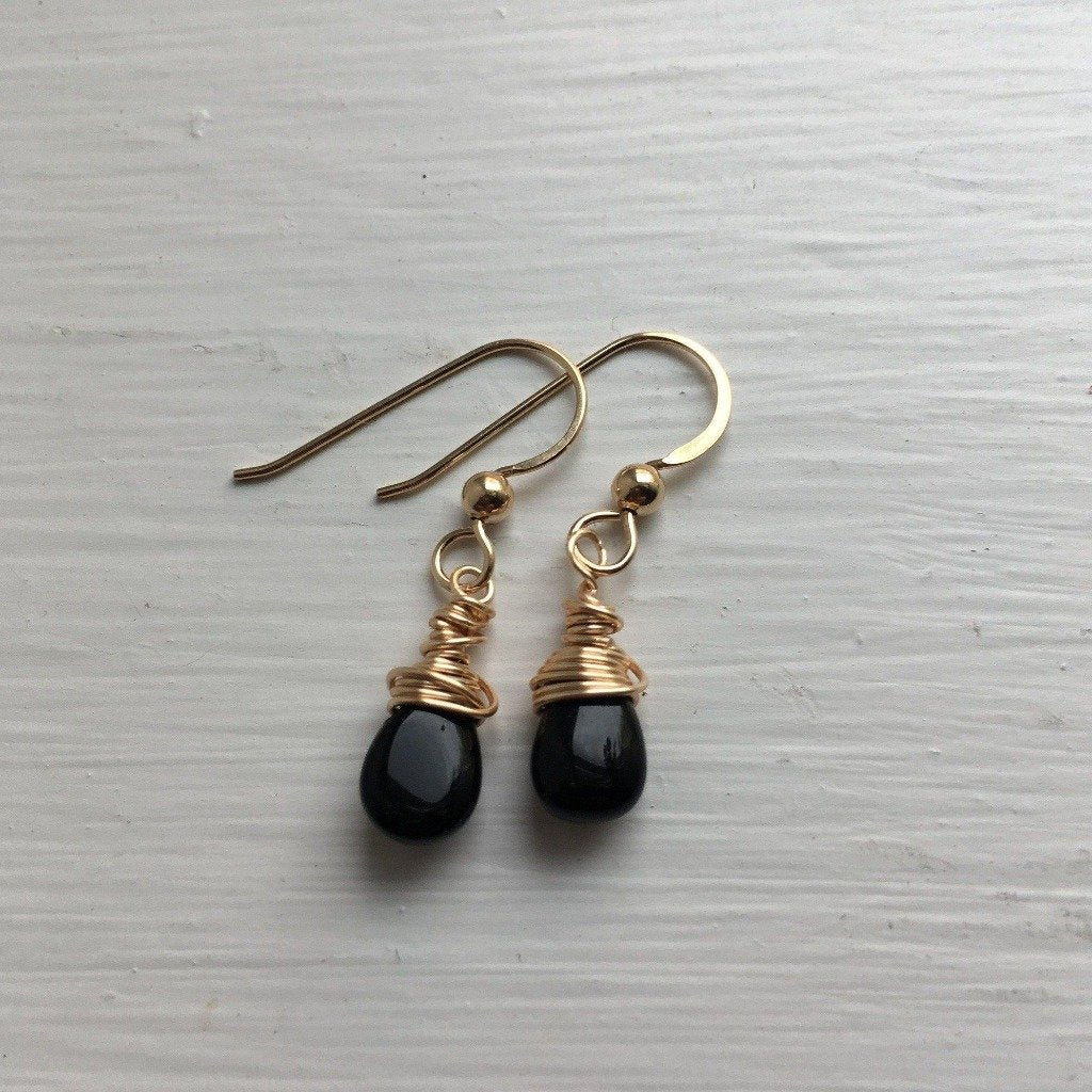 Small Teardrop Earrings with Black Onyx in Gold