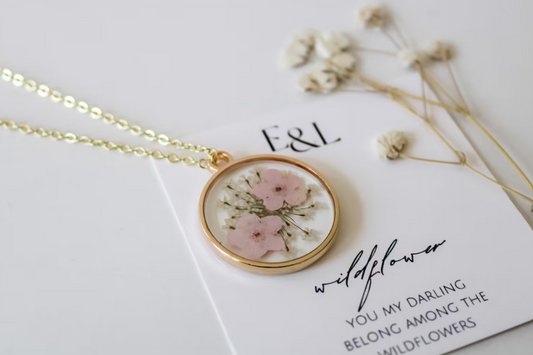 Queen Anne's Lace and Pink Pressed Wildflower Necklace