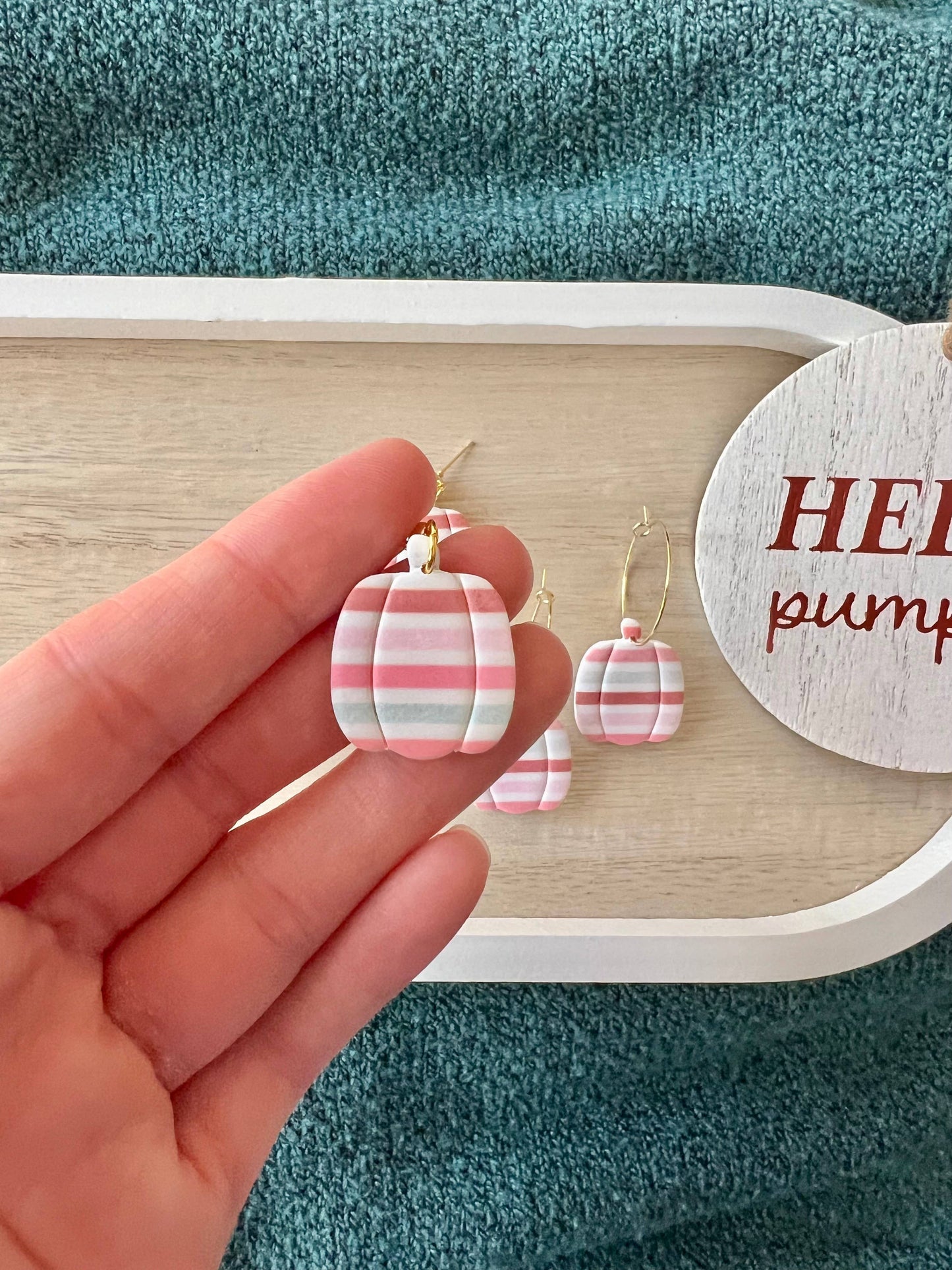 Striped Pumpkin Clay Earrings, Pink Pumpkin Earrings, ball post