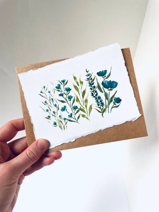 Handmade Cotton Card, Blue Floral Prints, EcoFriendly Card