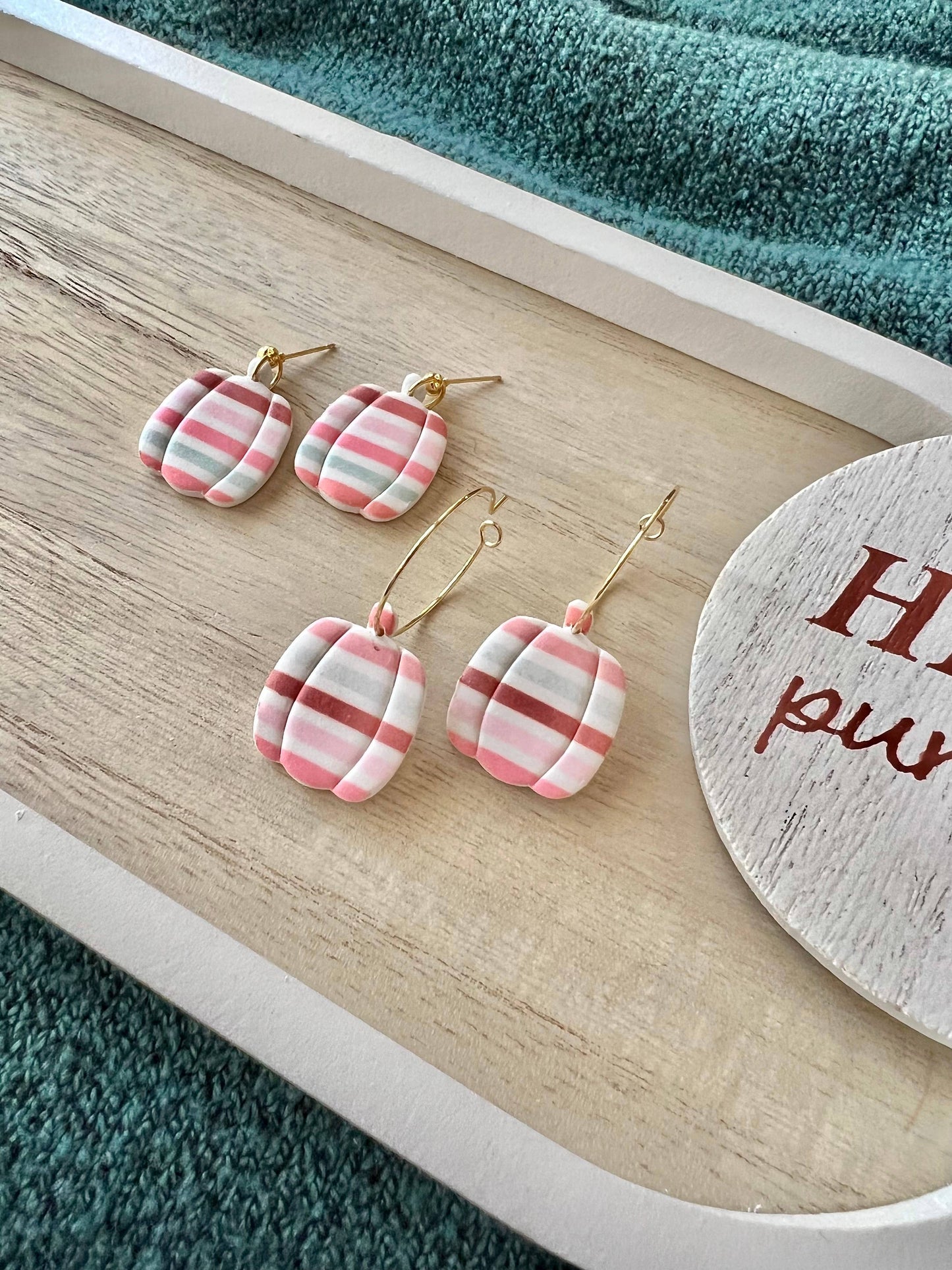 Striped Pumpkin Clay Earrings, Pink Pumpkin Earrings, ball post