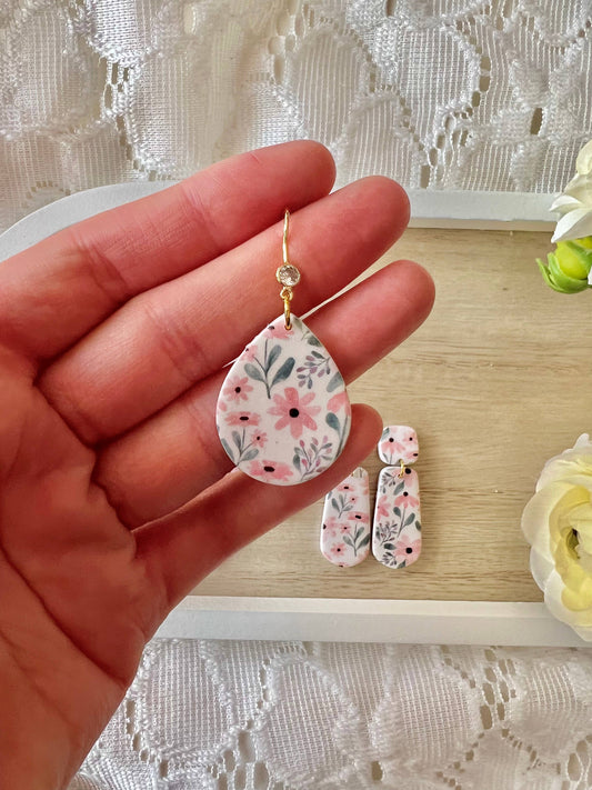 Pink Floral Clay Earrings, teardrop