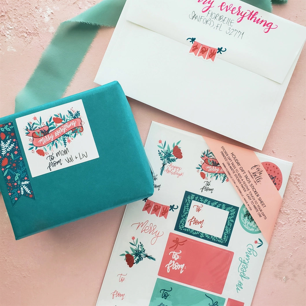 Mint Floral Christmas Stickers - Gift Tag Sticker Sheet