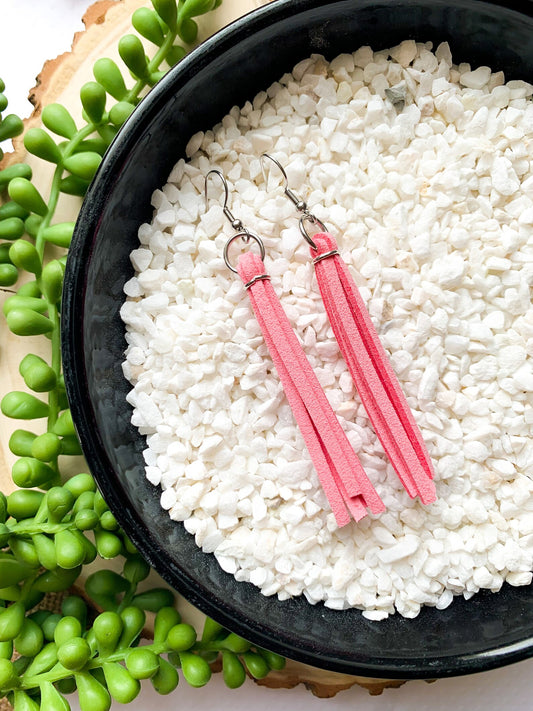 Bubble Gum Pink Suede Leather Tassel Earrings