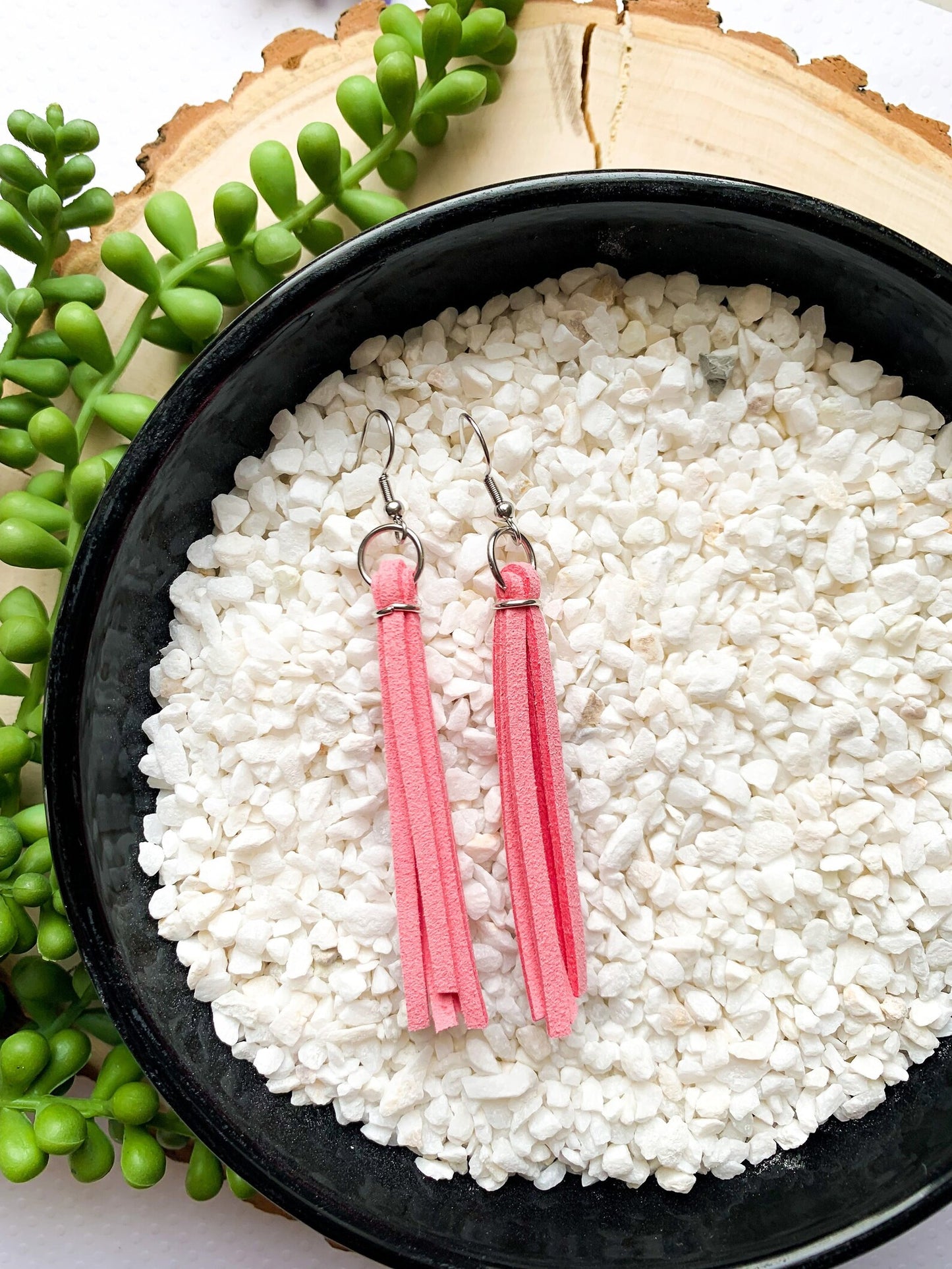 Bubble Gum Pink Suede Leather Tassel Earrings