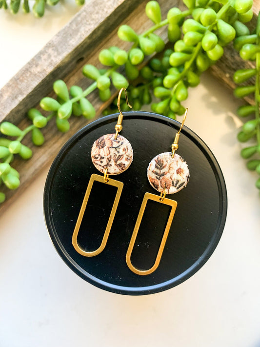 Vintage Neutral Floral Circle| Rounded Rectangle Brass| Genuine Leather Earrings