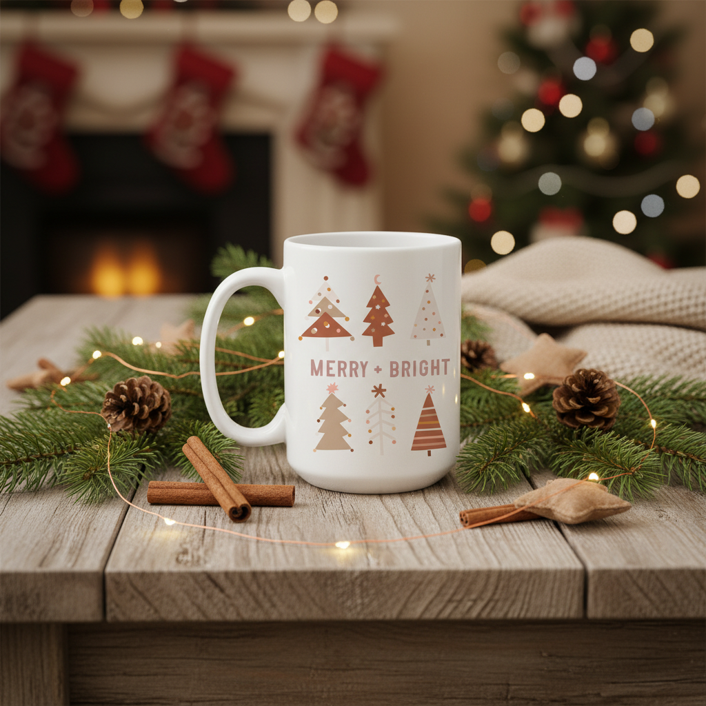 15oz Merry and bright ceramic Christmas mug