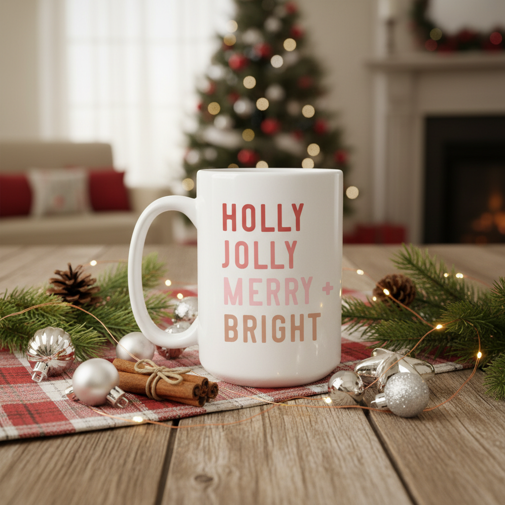 15oz Holly jolly merry and bright ceramic Christmas mug
