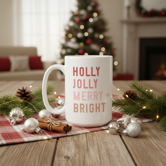 15oz Holly jolly merry and bright ceramic Christmas mug