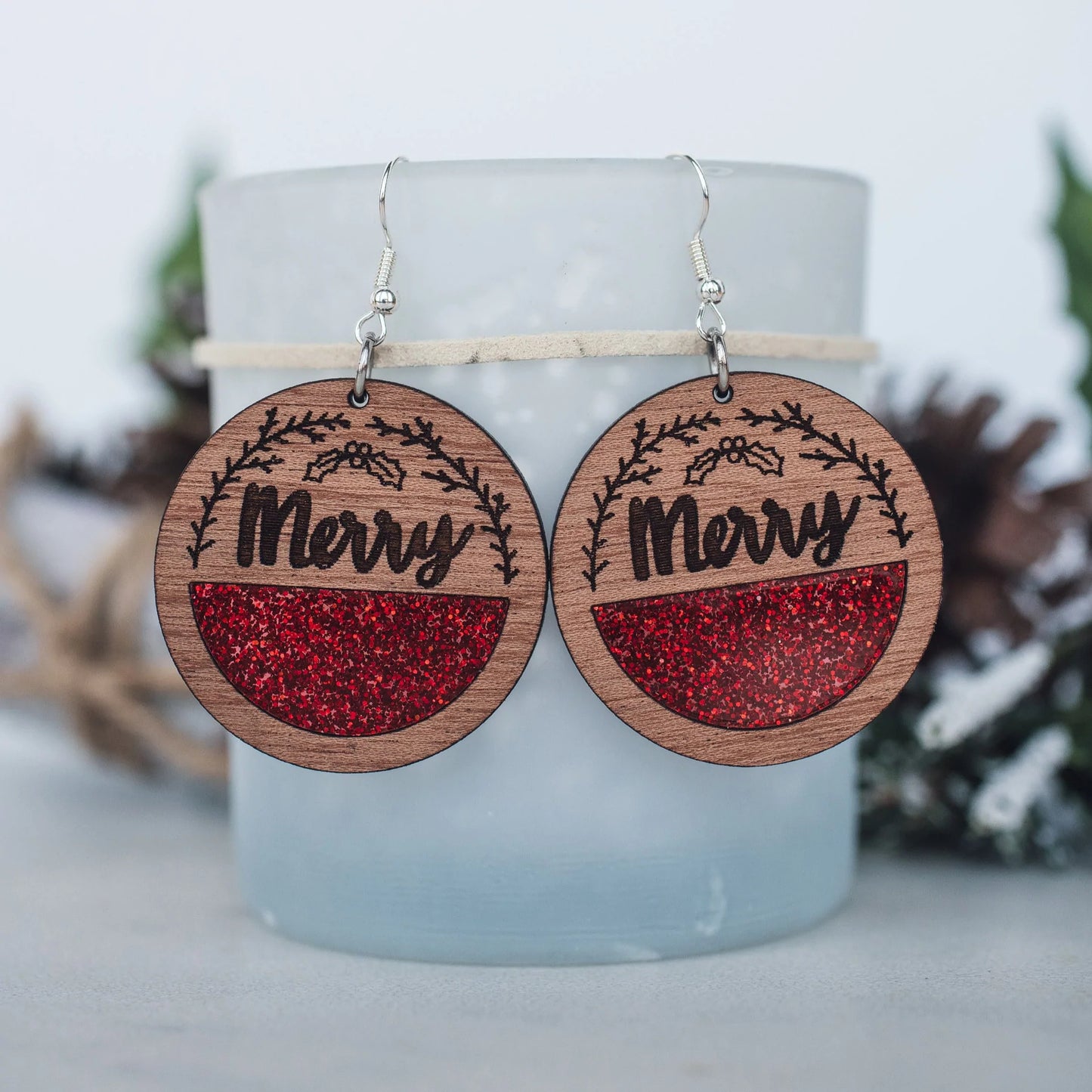 Merry Red Glitter Acrylic Inset Circle Dangles