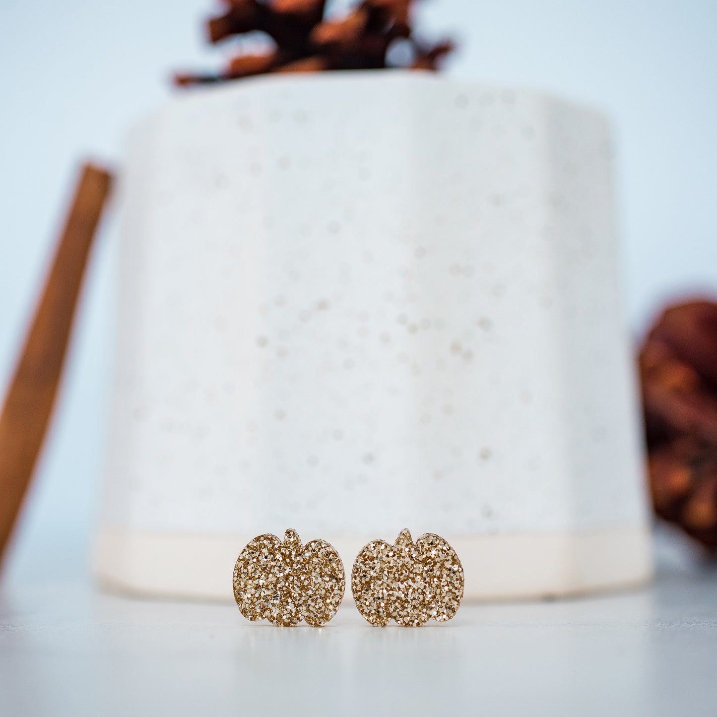 Gold Glitter Pumpkin Studs - Fall Halloween Thanksgiving Earrings