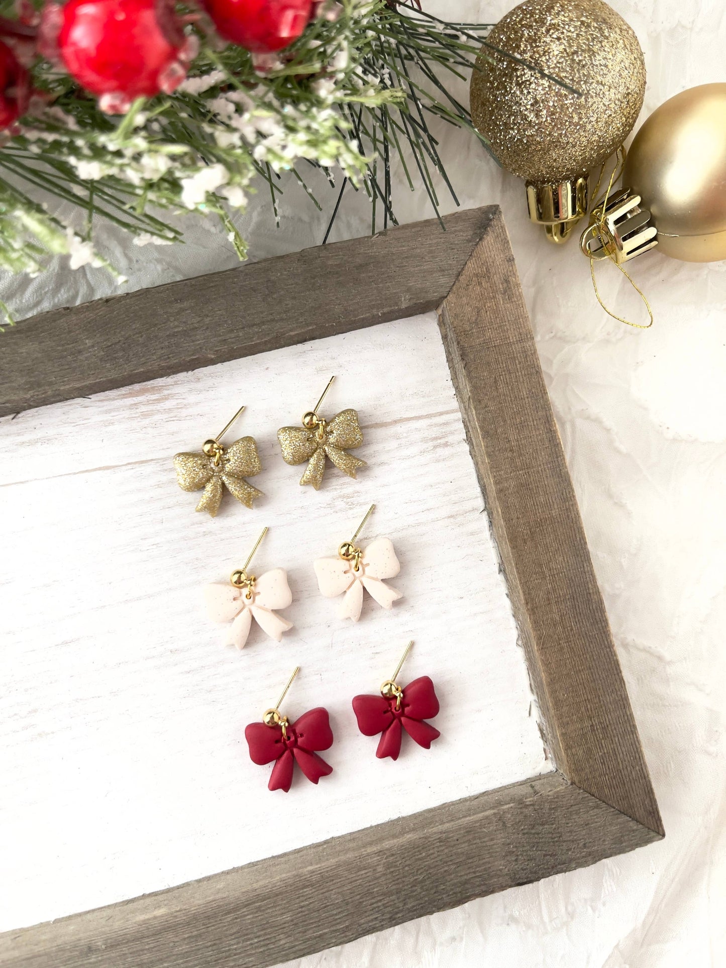 Red, white, or gold bow earrings, Dainty clay earrings