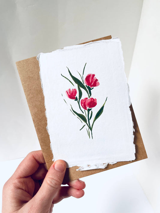 Handmade Cotton Card, Magenta Tulips Print, EcoFriendly Card