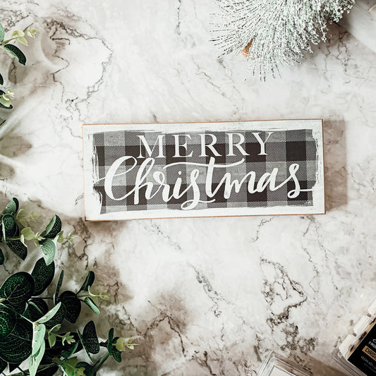 Merry Christmas Gray Buffalo Check Wooden Block Sign