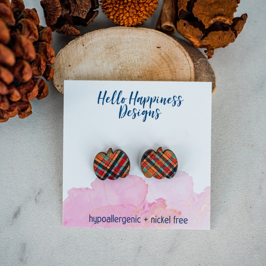 Orange & Aqua Micro Plaid Pumpkin Studs - Fall Thanksgiving Halloween Lightweight Earrings