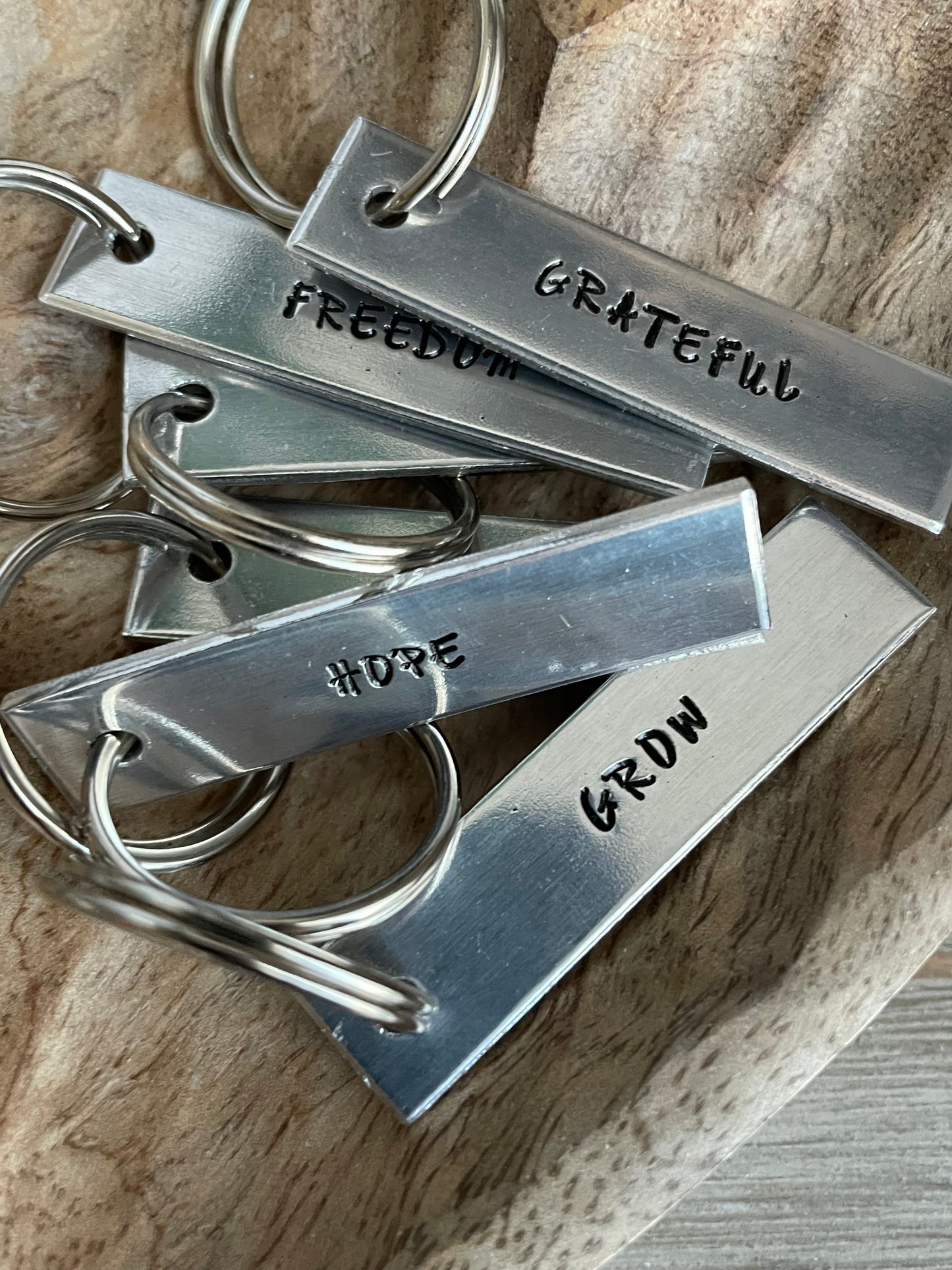 Hand stamped aluminum keychain