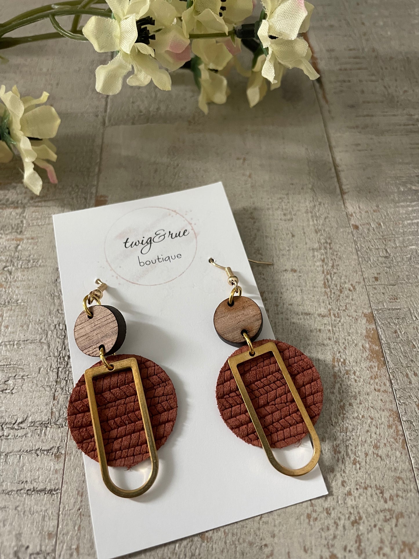 Leather and wood circle drop dangles