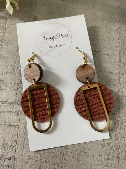 Leather and wood circle drop dangles