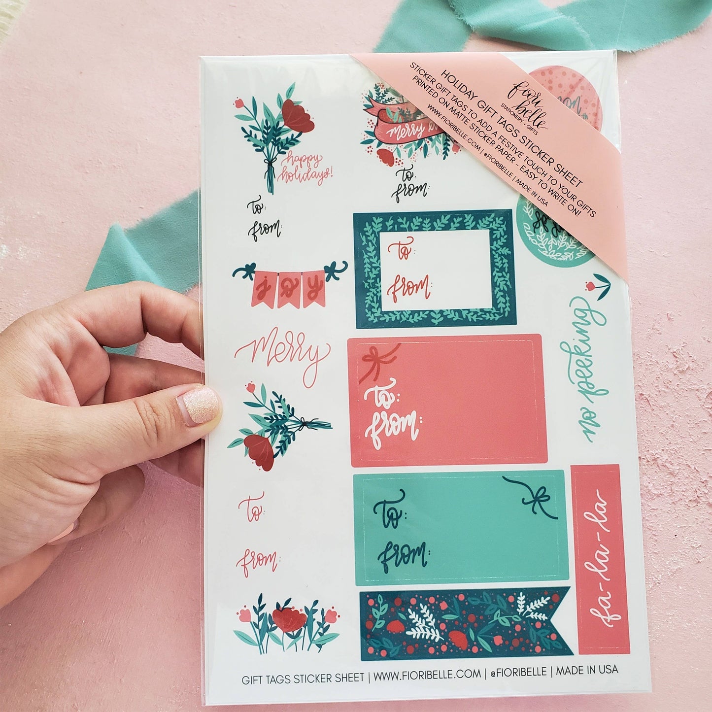 Mint Floral Christmas Stickers - Gift Tag Sticker Sheet