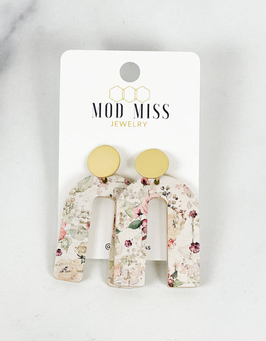 Cork+Leather Arch Earring "Mauve Floral''