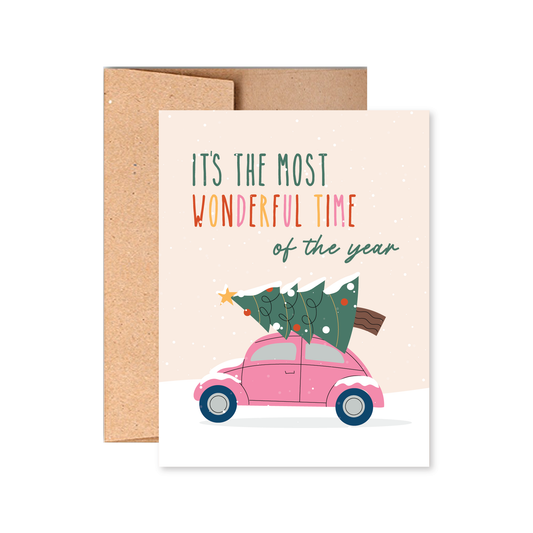 Pink Vintage Car Christmas Card