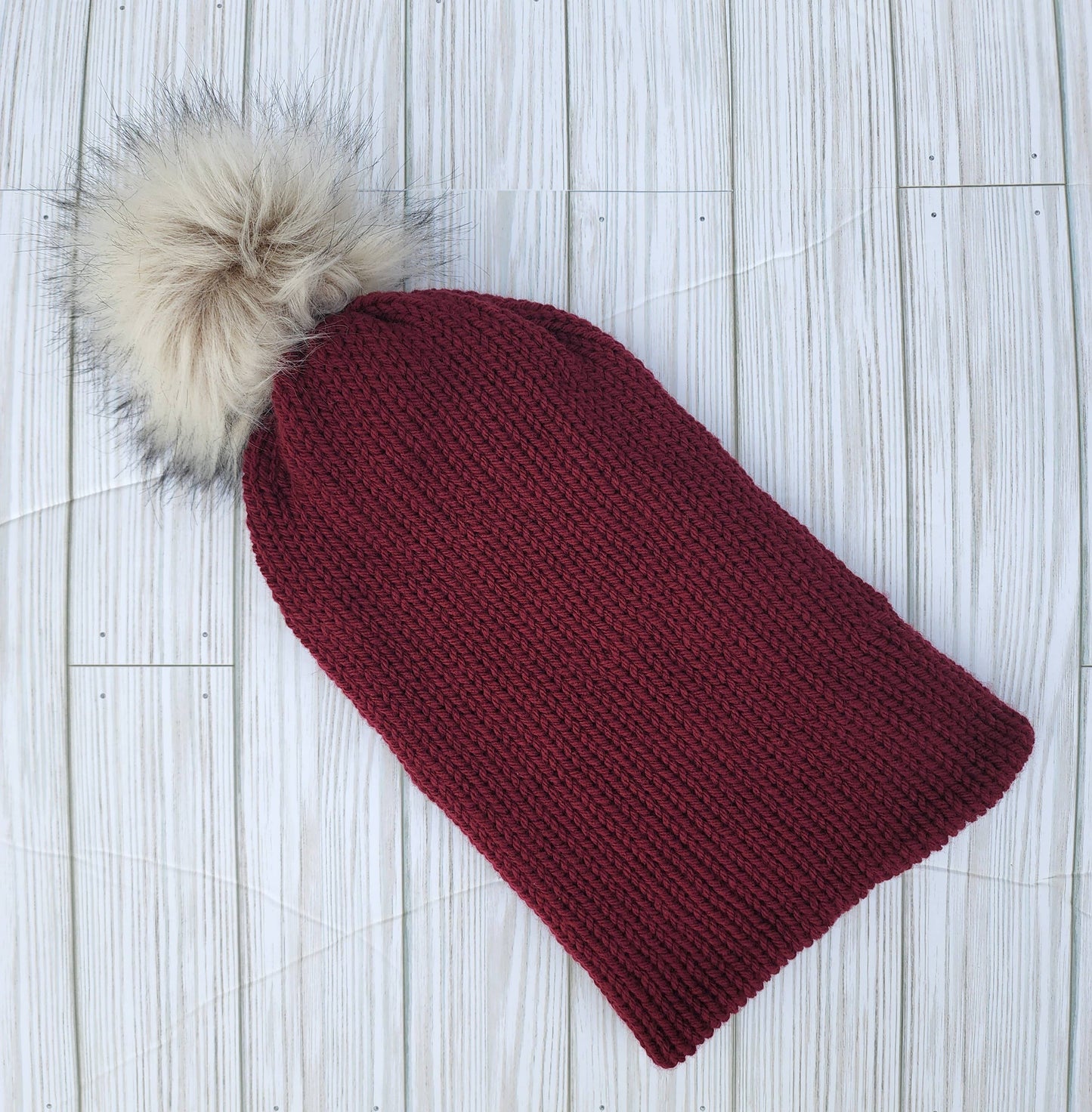 Faux Fur Pom Beanie, knit beanie, winter hat, pom pom hat: Maroon