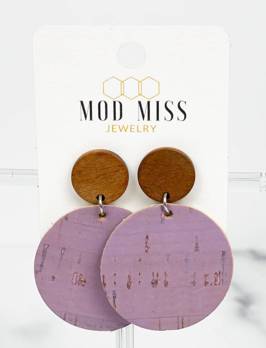 Cork+Leather Round Earring "Lilac''