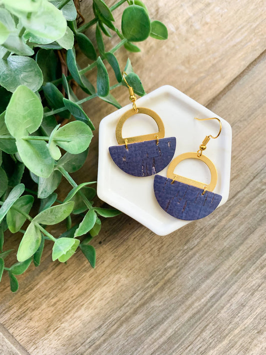 Navy & Gold Cork Genuine Leather Earrings