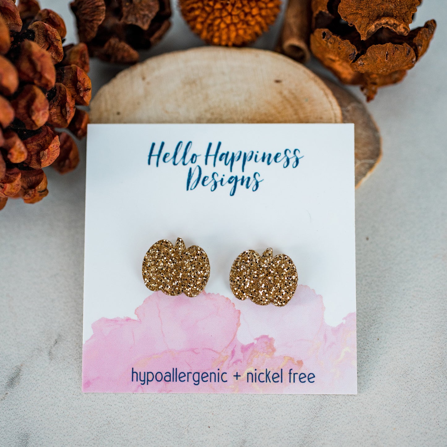 Gold Glitter Pumpkin Studs - Fall Halloween Thanksgiving Earrings