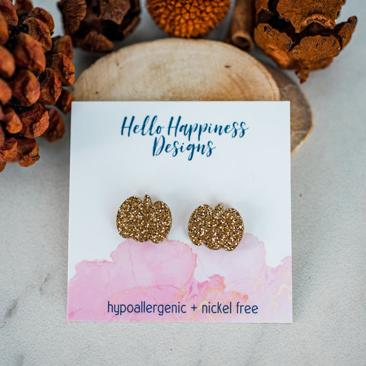 Gold Glitter Pumpkin Studs - Fall Halloween Thanksgiving Earrings