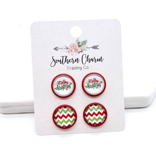 Merry Christmas & Red/Green Zig-Zag Stud Earrings