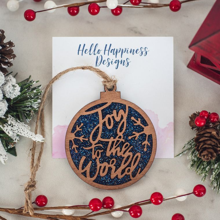 Teal Glitter Joy to the World Christmas Ornament