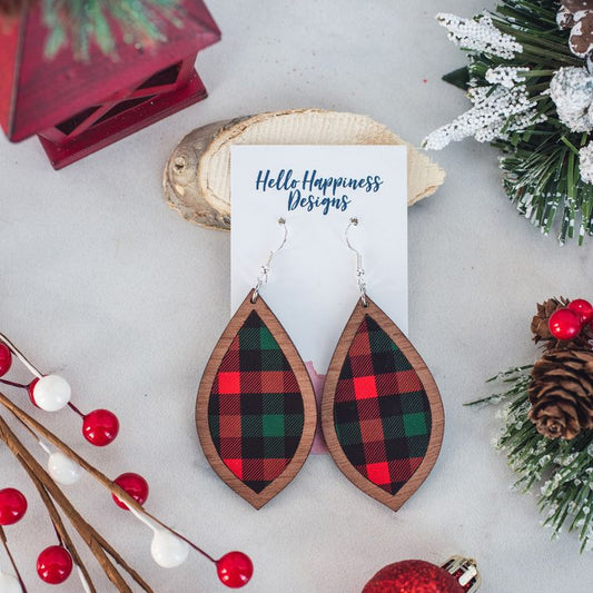 Christmas Plaid Inset Dangles - Holiday Winter Earrings