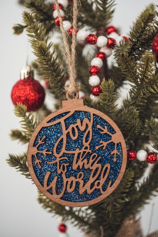 Teal Glitter Joy to the World Christmas Ornament