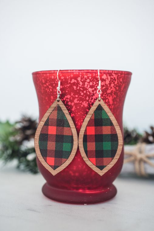 Christmas Plaid Inset Dangles - Holiday Winter Earrings