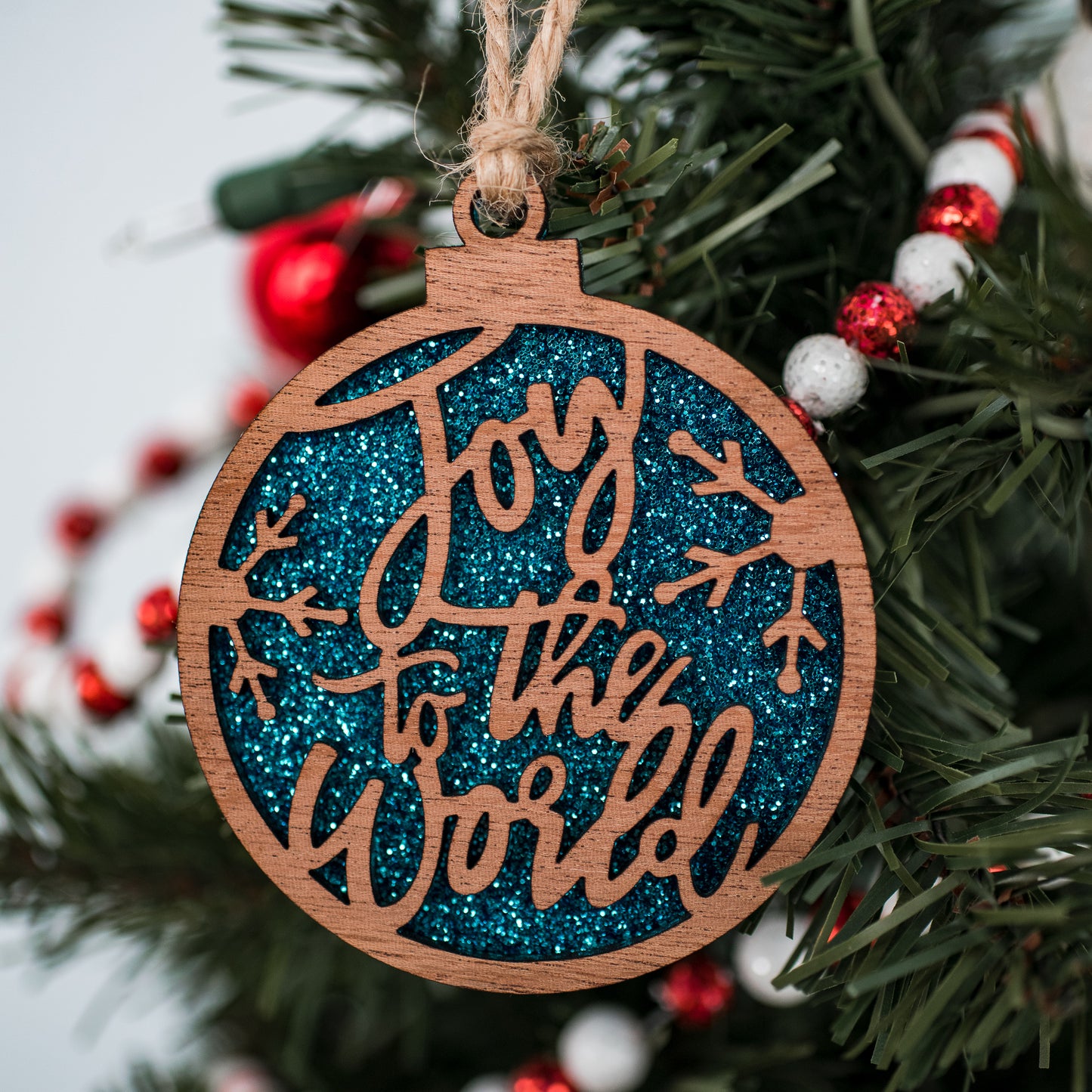 Teal Glitter Joy to the World Christmas Ornament