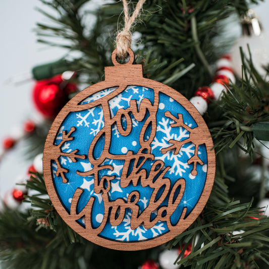 Joy to the World Ornament- Blue and white snowflakes