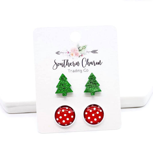 Christmas Tree & Red/White Polka Dots Stud Earrings