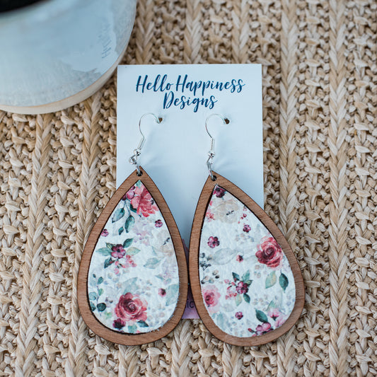 White Fall Floral Leather & Wood Teardrop Dangle Earrings