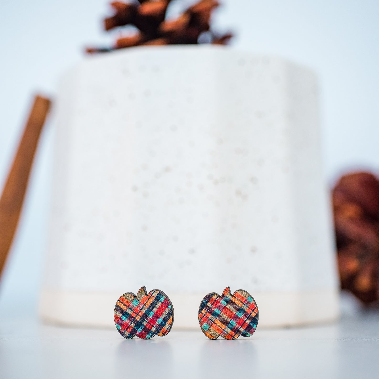 Orange & Aqua Micro Plaid Pumpkin Studs - Fall Thanksgiving Halloween Lightweight Earrings